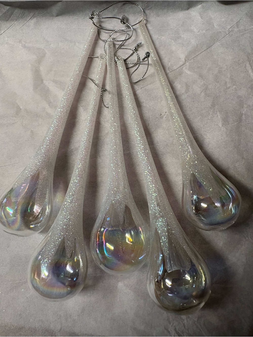 Vintage Iridescent White Glitter Teardrop Hanging Ornaments - Set of 5
